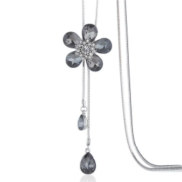 Women's Black Glass Crystal Flower Pendant Double Tear Drop Long Necklace