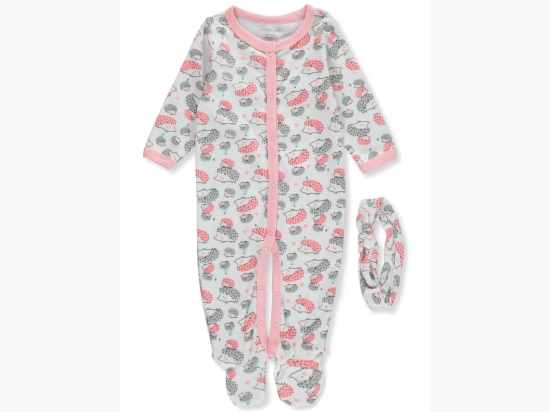 Newborn Girl Pink & Grey Hedgehog Print Footed Coverall w/ Headband