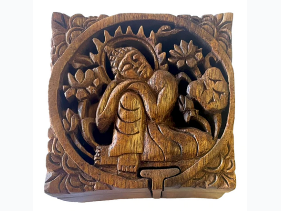 Carved Wooden Resting Buddha Puzzle Box - 3.5" x 3.5"
