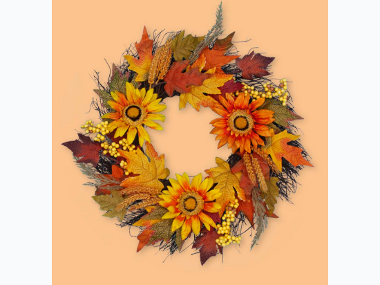 24″ Fall Leaves Wreath With Sunflowers