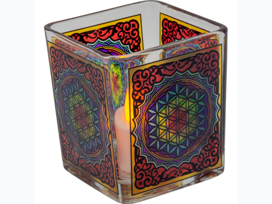 Flower of Life Handcrafted Stained Glass Square Votive Holder