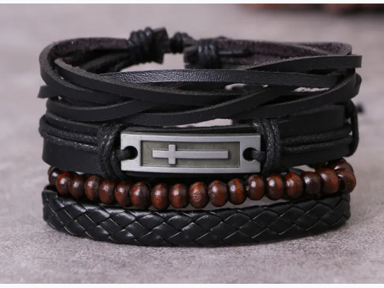 Men's Cross Metal Plate & Beaded Woven Design 4pc Bracelet Set