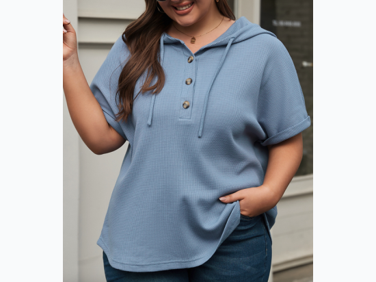 Plus Size Waffle Knit Short Sleeve Drawstring Hoodie in Ashleigh Blue
