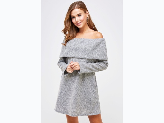 Women's Wide Fold Off-the-Shoulder Sweater Dress w/ Pockets - 2 Color Options