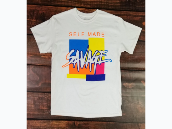 Boys "Self Made Savage" Neon Grapic T-Shirt in White