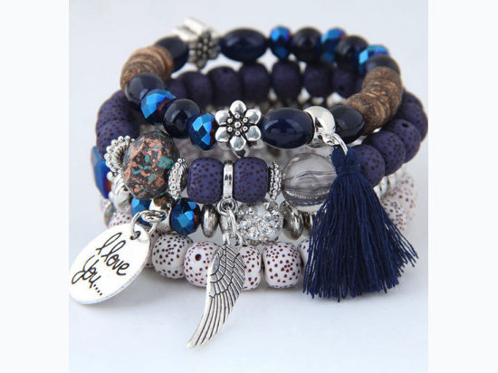 Alloy Wing and Cotton Threads Tassel Four Layers Beads Bracelet in blue