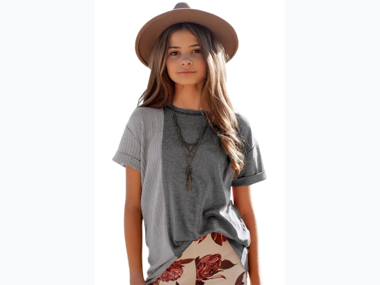 Girls Mix Texture Spliced Rolled Short Sleeved T-Shirt in Grey