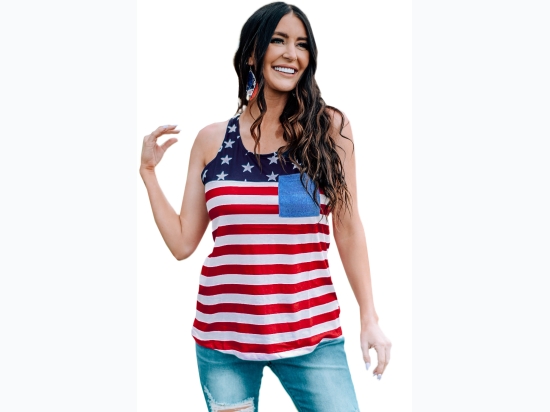 Women's USA Flag Stars & Stripes Print Tank w/ Patch Pocket - SIZE S