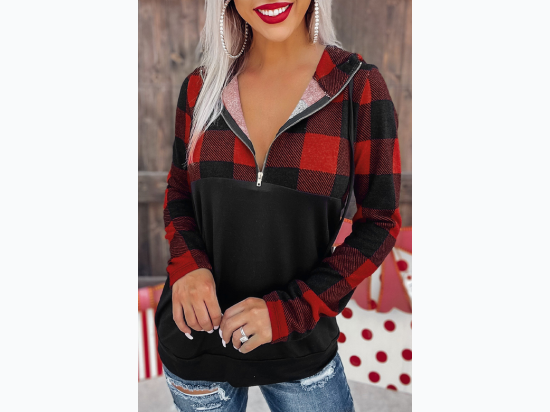 Women's Contrast Black & Red Buffalo Plaid 1/4 Zip Pullover Hooded Top