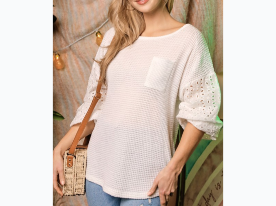 Women's Eyelet Sleeve Detailed Waffle top With Pocket in Off White