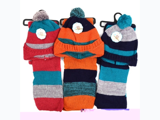 Kid's Striped Knitted Pom Beanie Scarf and Hat Set - 3 Colors Available