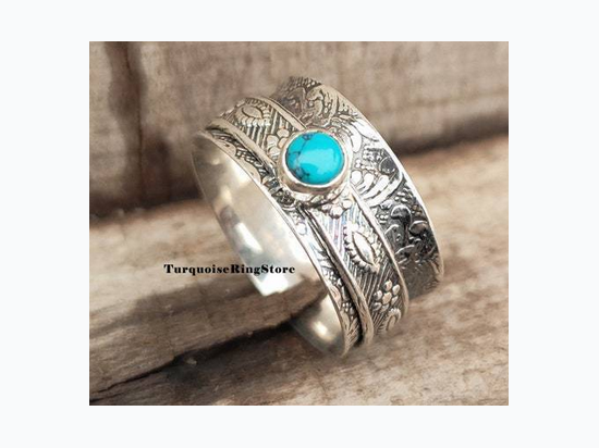 Women's Bohemian Pattern Embossed Turquoise Color Stone Ring
