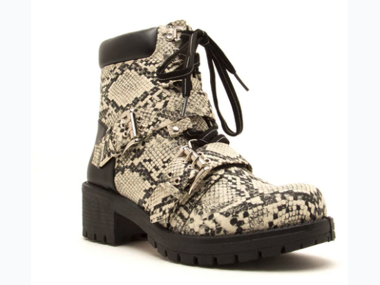Women's Faux Snakeskin Lace-Up Combat Boot w/ Adjustable Buckles - Stone/Black Snake PU