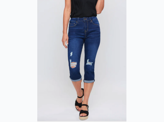 Missy's Slim Stretch Cuffed Capri Jeans - In Ripped Dark Indigo