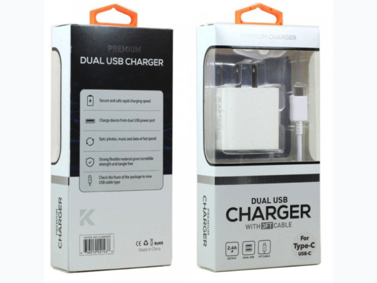 2.4A Dual 2 Port House Wall Charger 2in1 with 3FT USB Cable - White
