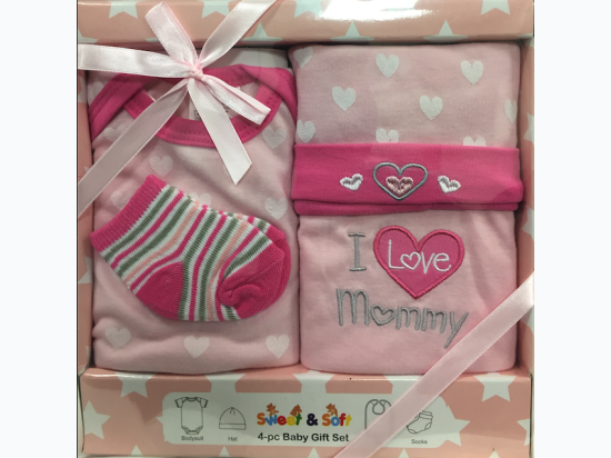 Newborn Girl 4-Piece Baby Gift Box Set 0 - 6 Months - I Love Mommy