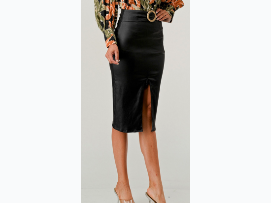 Women's Solid High Waist Faxu Leather Pencil Skirt with Attached Buckle Detail in Black