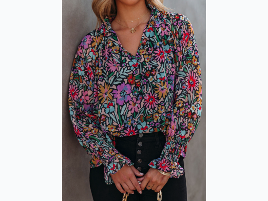 Women's Multicolor Floral Print Ruffled Long Sleeve V-Neck Blouse