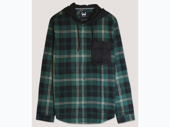 Men's Contrast Pocket Plaid Hooded Shirt in Forest Green