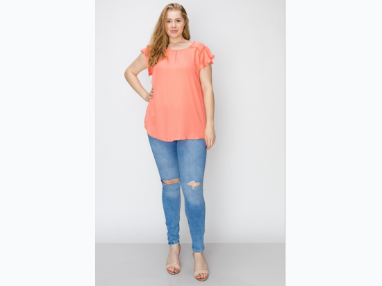 Women's Plus A-Line Flutter Sleeve Blouse in Coral