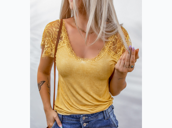 Women's Yellow Lace Crochet Short Sleeve U Neck T Shirt