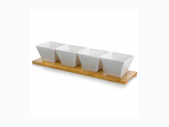 Elama Signature Modern 5pc Appetizer and Condiment Server with 4 Serving Dishes and a Bamboo Serving Block