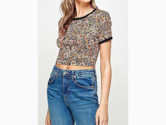 Junior's Floral Printed Cropped Ringer Tee With Contrast - 2 Color Options