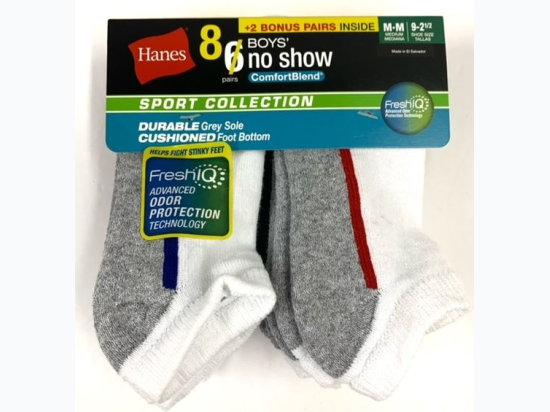 Hanes' Boys No Show Socks 8 Pack - Shoe Size 9 - 2.5