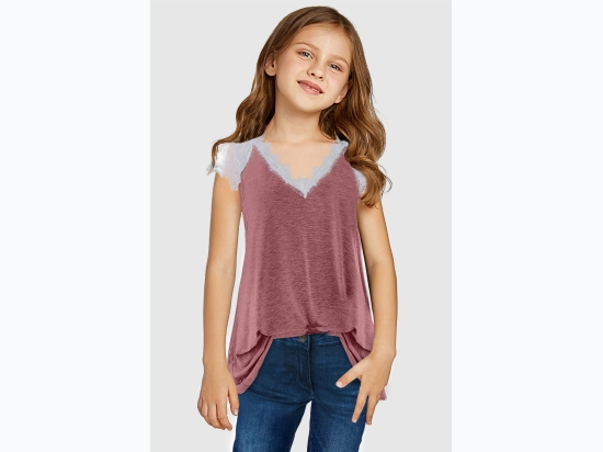 Girl's V-Neck Lace Splicing Cap Sleeve Top