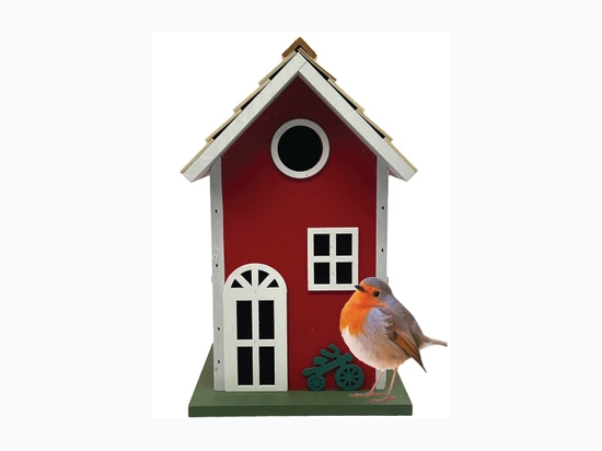 11" Red Farmhouse-Inspired Wood Hanging Birdhouse Feeder