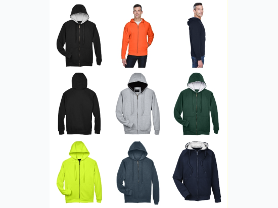 Men's UltraClub Rugged Wear Thermal Lined Full Zip Fleece Hooded Sweatshirt - 7 Color Options