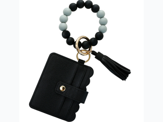 Silicone Beads Bracelet Keychain Faux Leather Tassel Card Holder - 2 Color Options