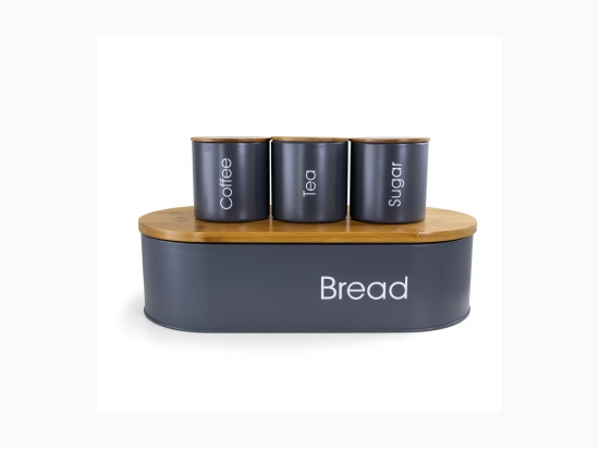 MegaChef Bamboo Kitchen Countertop 4 Piece Metal Bread Basket and Canister Set in Gray with Lids