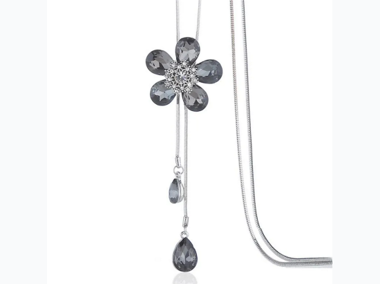 Women's Black Glass Crystal Flower Pendant Double Tear Drop Long Necklace