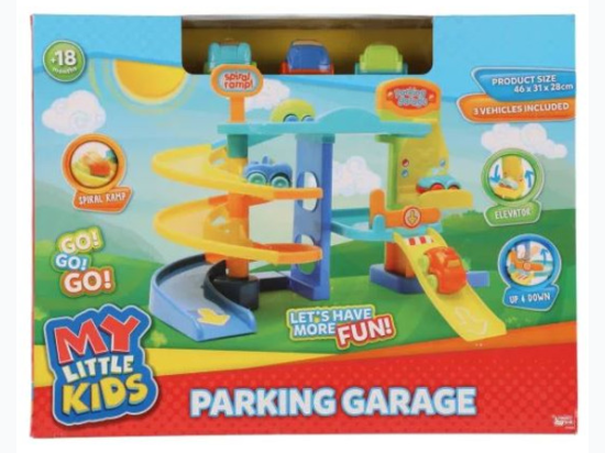 My Little Kids - Parking Garage Play Set, Spiral Ramp, Lift, 3 Cars