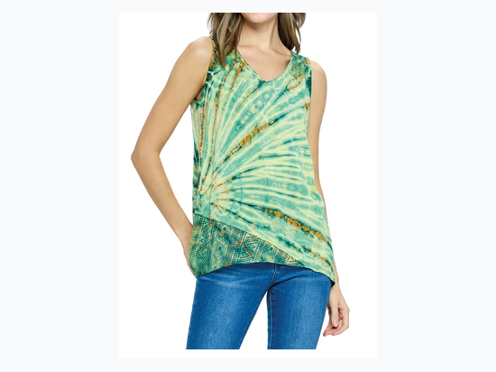 Women's Tie Dye Tank Top With Lace Detail - Green