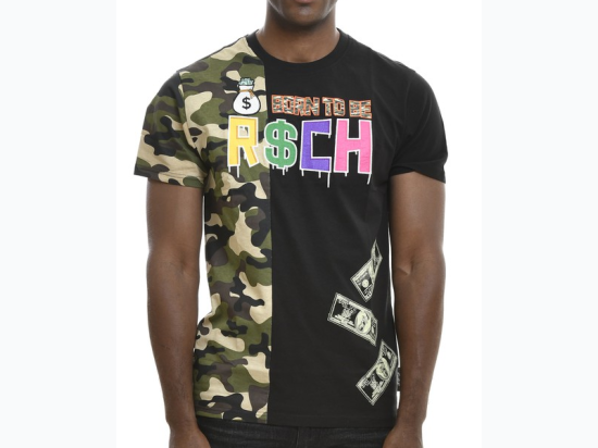 Men's Born To Be Rich Embroidery Camo Color Block Tee - OLIVE - SIZE M