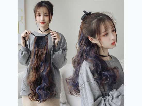 Blue Highlighted Long Wavy Ponytail Extention in Medium Brown