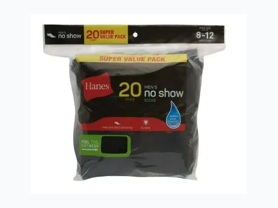 Men's Hanes Black No Show Socks - 20 Pack Size 6 - 12