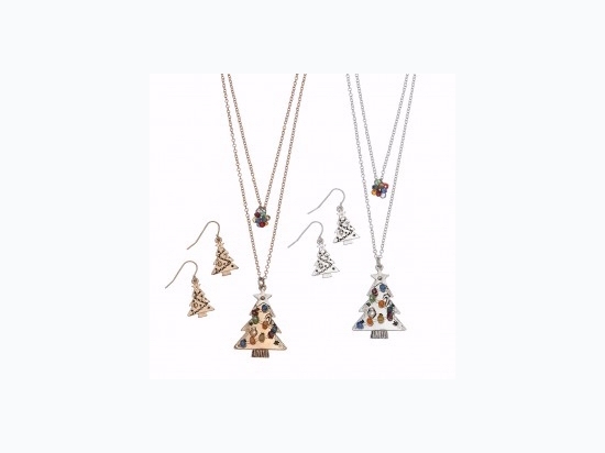 Beaded Christmas Tree & Cluster Ball Double Layer Necklace Set