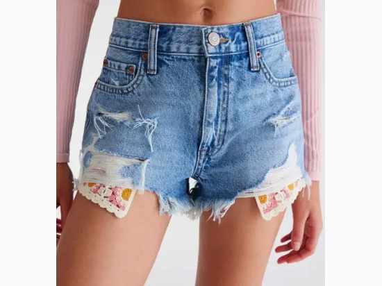 Women’s Famous Maker Distressed Vintage High Rise Denim Shorty Shorts With Inner Crochet Detail - Close Out Special