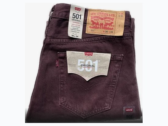 Men's Levi's 501 Jeans Straight Fit Burgundy Slightly Irregular - Size - Waist 44 - Inseam 32"