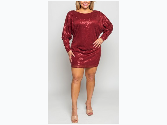 Plus Size Sequin Stretch Dolman Sleeve Mini Dress With Ruching Detail - 2 Color Options