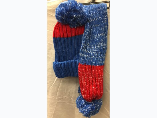 Winter Scarf with Pom Poms and Hat - In Blue/Red