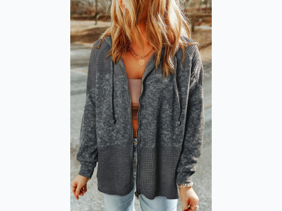 Women's Waffle Patchwork Vintage Washed Hooded Jacket in Grey