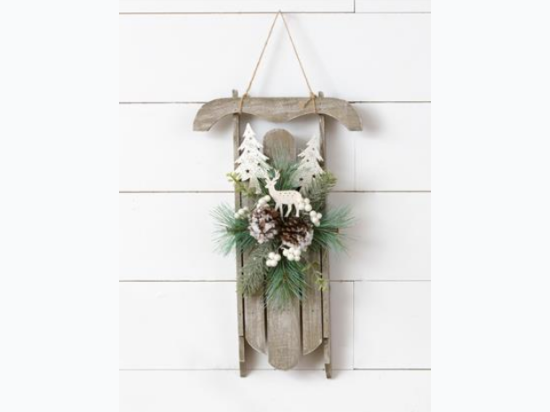 Wall Hanging - Wooden Sled, Winter Frosted Greens