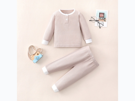Infant Girl Contrast Solid Waffle Knit Pullover And Pants in Apricot