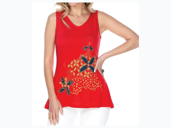 Women's Floral Hand Stitch Patch Design Tank Top in Red - SIZE S