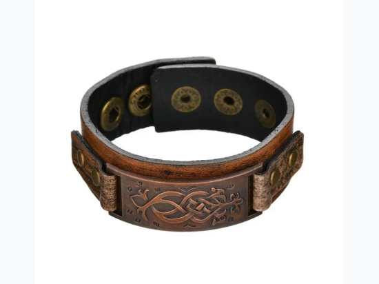 Men's Vintage Metal Tribal Plate Leather Snap Button Bracelet in Brown