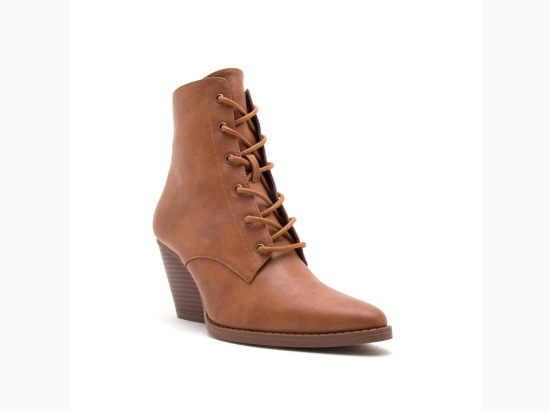 Women's Lace-Up PU Crinkle Leather Ankle Boot in Rust